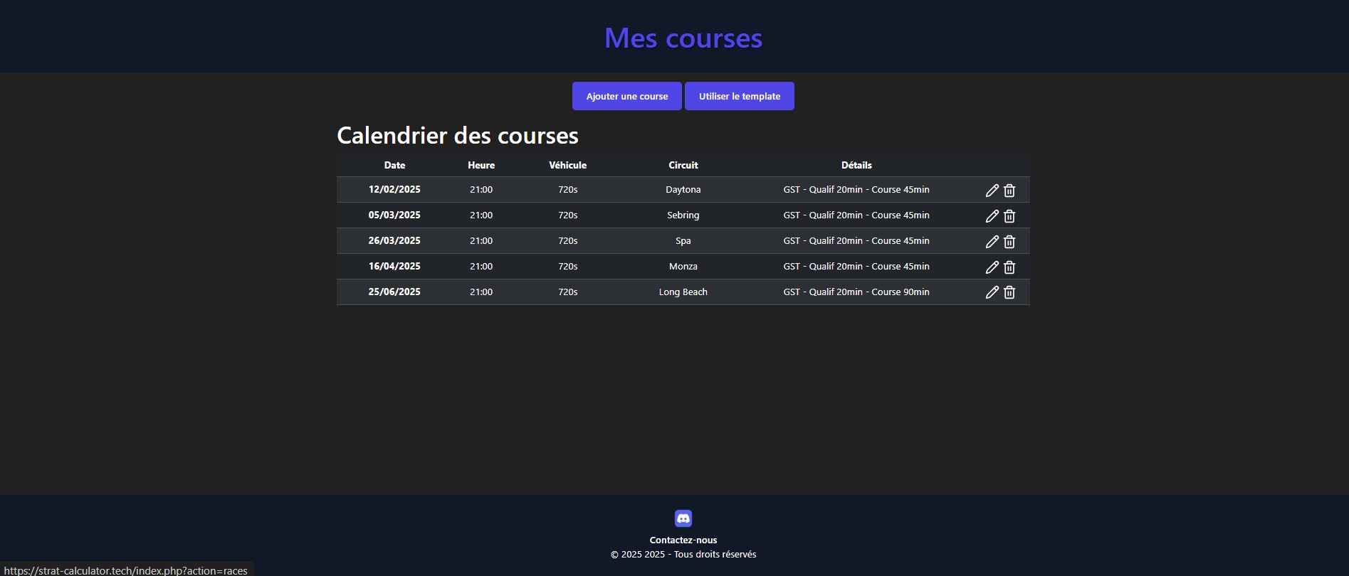 Calendrier des courses